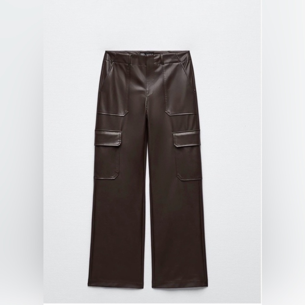 Zara Brown Faux Leather High Waist Cargo Pants Size Large - Picture 3 of 8
